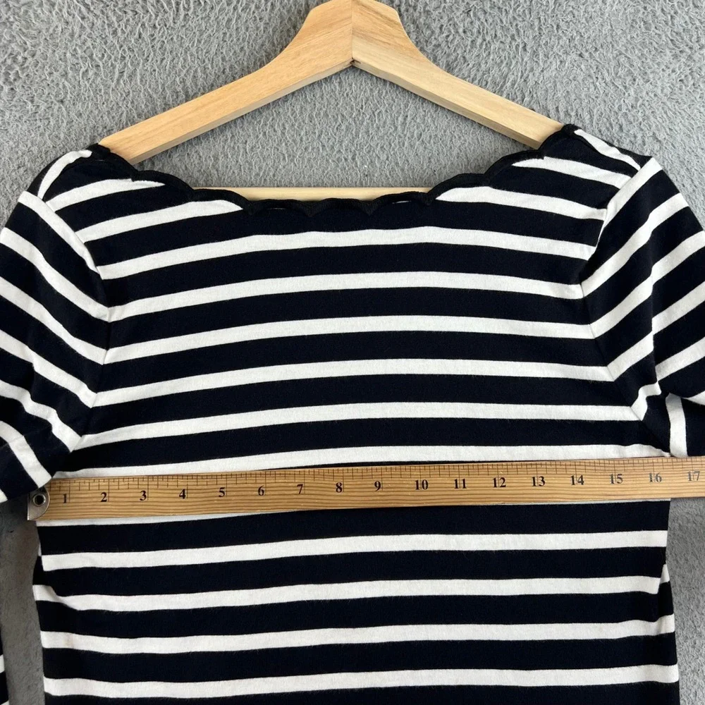 Kate Spade Black White Striped Scalloped Neck Long Sleeve Cotton Top Nautical T